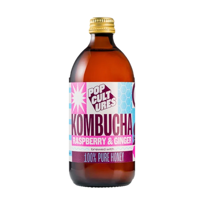 Pop Cultures Kombucha Raspberry & Ginger, amber bottle
