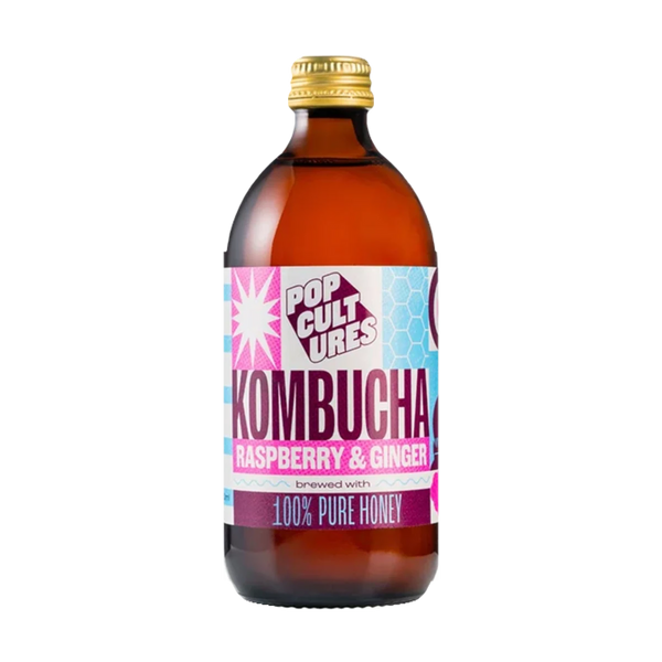 Pop Cultures Kombucha Raspberry & Ginger, amber bottle