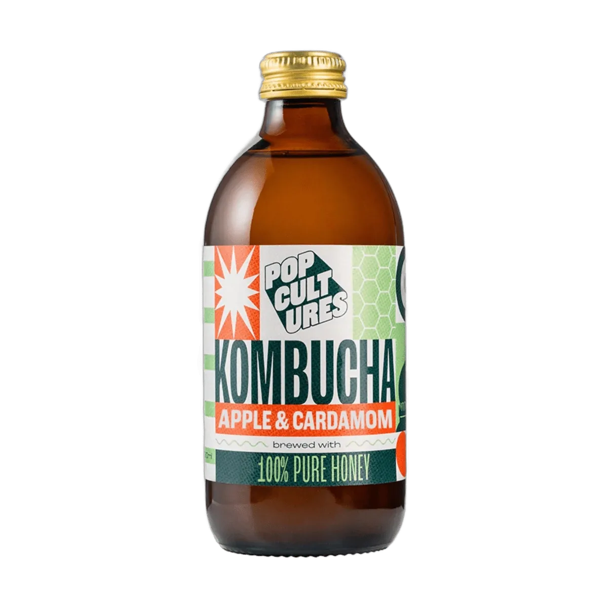 Pop Cultures Apple & Cardamom raw jun kombucha in an amber 330ml glass bottle with a gold cap and a colourful orange and green patchwork label.