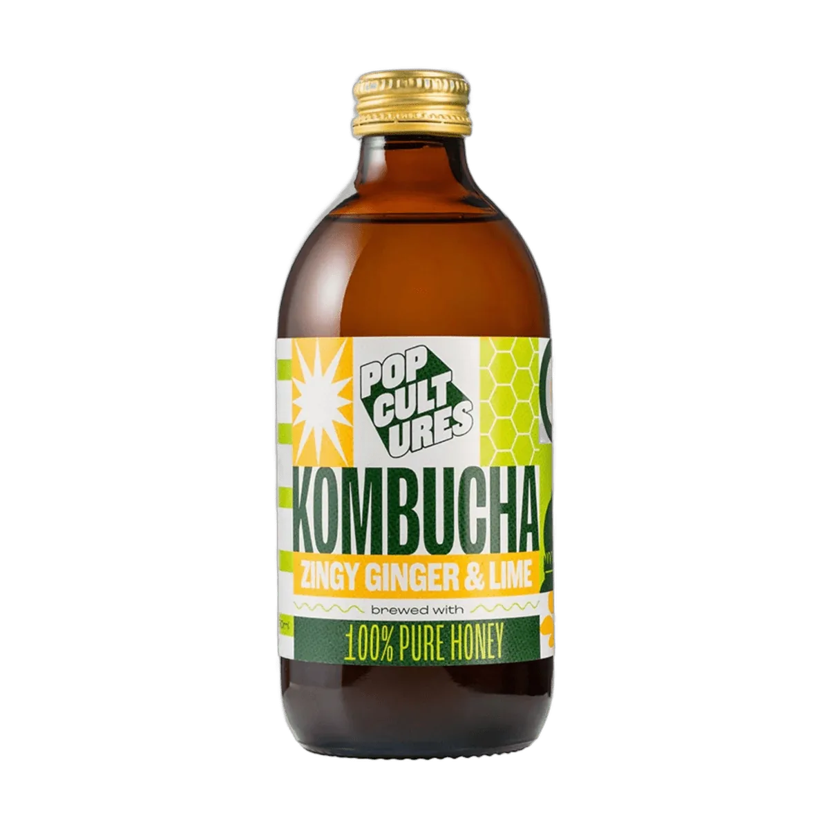Pop Cultures Zingy Ginger & Lime raw jun kombucha in an amber 330ml glass bottle with a gold cap and a colourful lime green and yellow patchwork label.