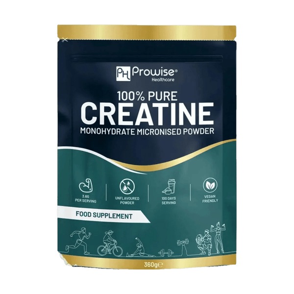 A 360g navy and teal pouch of Prowise 100% Pure Creatine Monohydrate Micronised Powder.