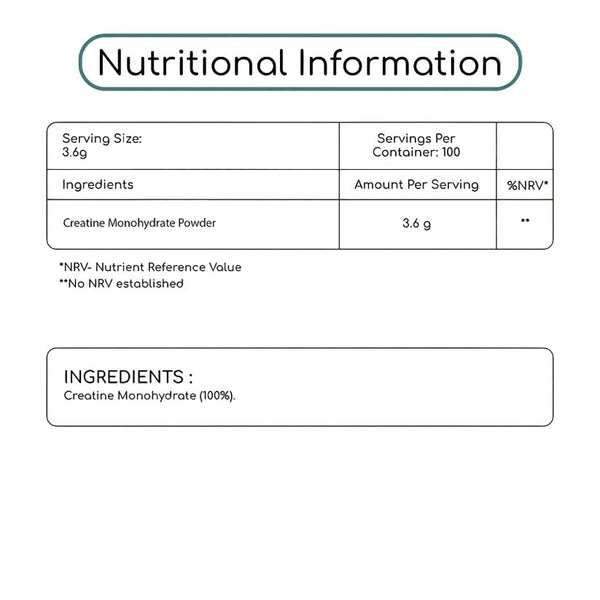 Nutritional information label for a product with creatine monohydrate powder on a light green background.