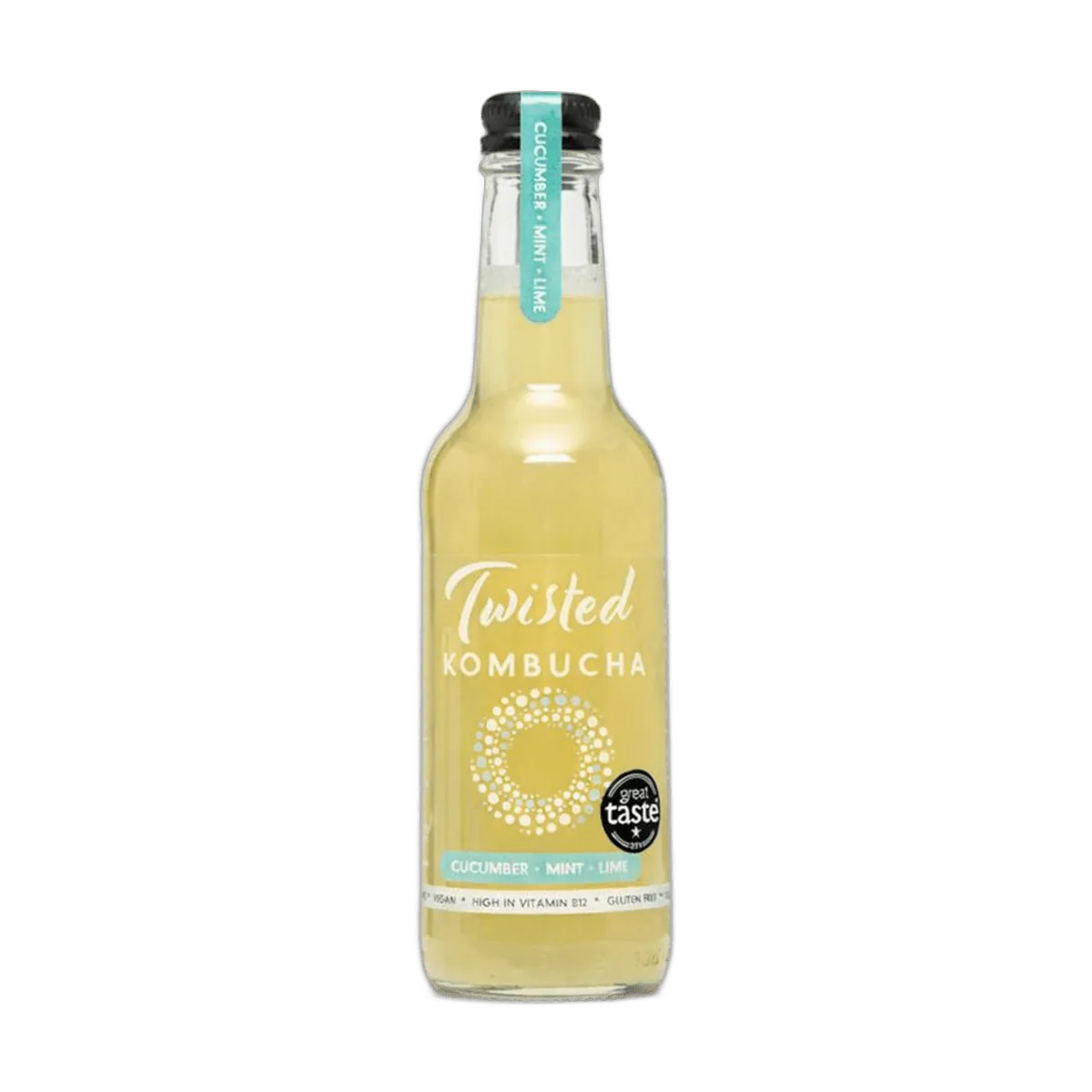 Twisted Cucumber, Mint & Lime raw kombucha in a clear 330ml glass bottle with a black cap and a pale green label with a teal neck tag.