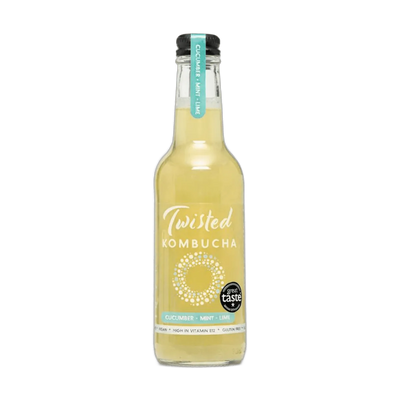 Twisted Cucumber, Mint & Lime raw kombucha in a clear 330ml glass bottle with a black cap and a pale green label with a teal neck tag.