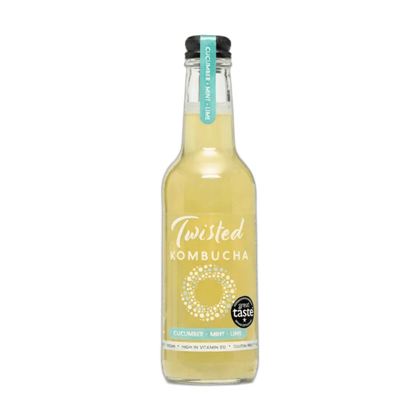 Twisted Cucumber, Mint & Lime raw kombucha in a clear 330ml glass bottle with a black cap and a pale green label with a teal neck tag.