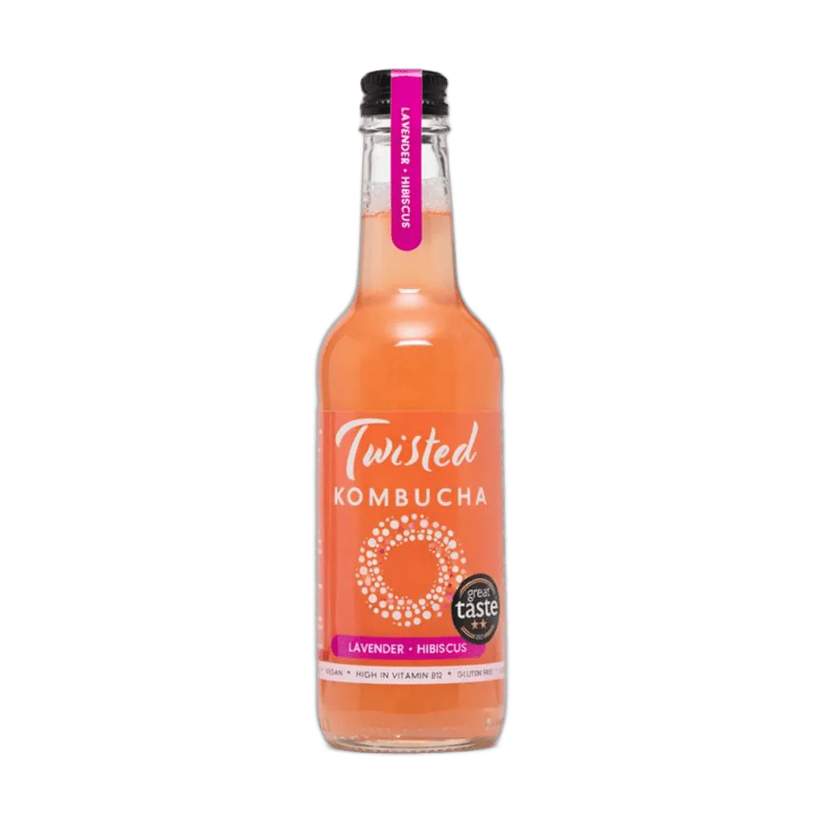 Twisted Hibiscus & Lavender raw kombucha in a clear 330ml glass bottle with a black cap and a coral-pink label with a magenta neck tag.