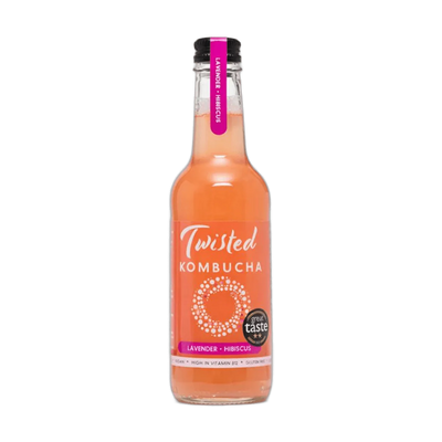 Twisted Hibiscus & Lavender raw kombucha in a clear 330ml glass bottle with a black cap and a coral-pink label with a magenta neck tag.