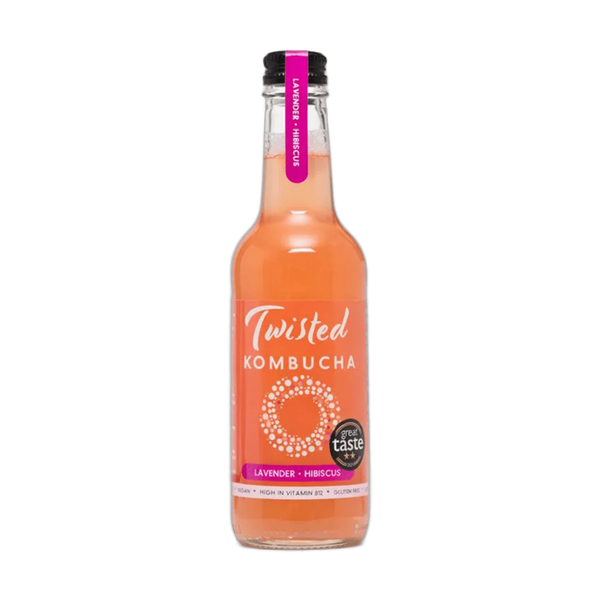 Twisted Hibiscus & Lavender raw kombucha in a clear 330ml glass bottle with a black cap and a coral-pink label with a magenta neck tag.