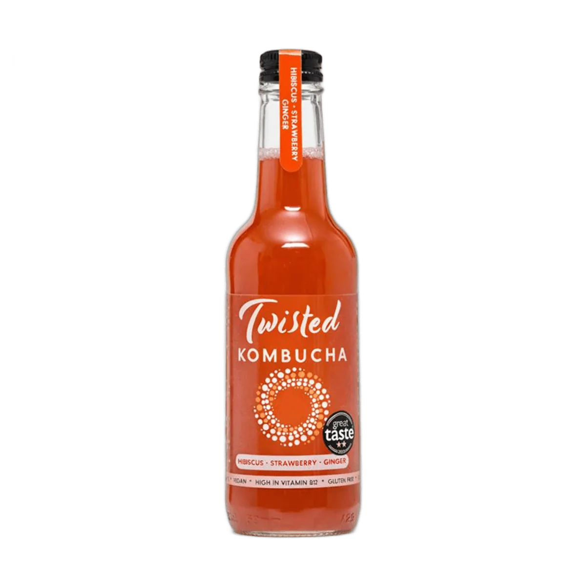 Twisted Strawberry, Hibiscus & Ginger raw kombucha in a clear 330ml glass bottle with a black cap and a deep red label with an orange neck tag.