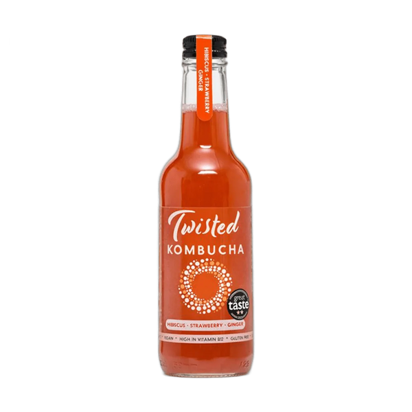 Twisted Strawberry, Hibiscus & Ginger raw kombucha in a clear 330ml glass bottle with a black cap and a deep red label with an orange neck tag.