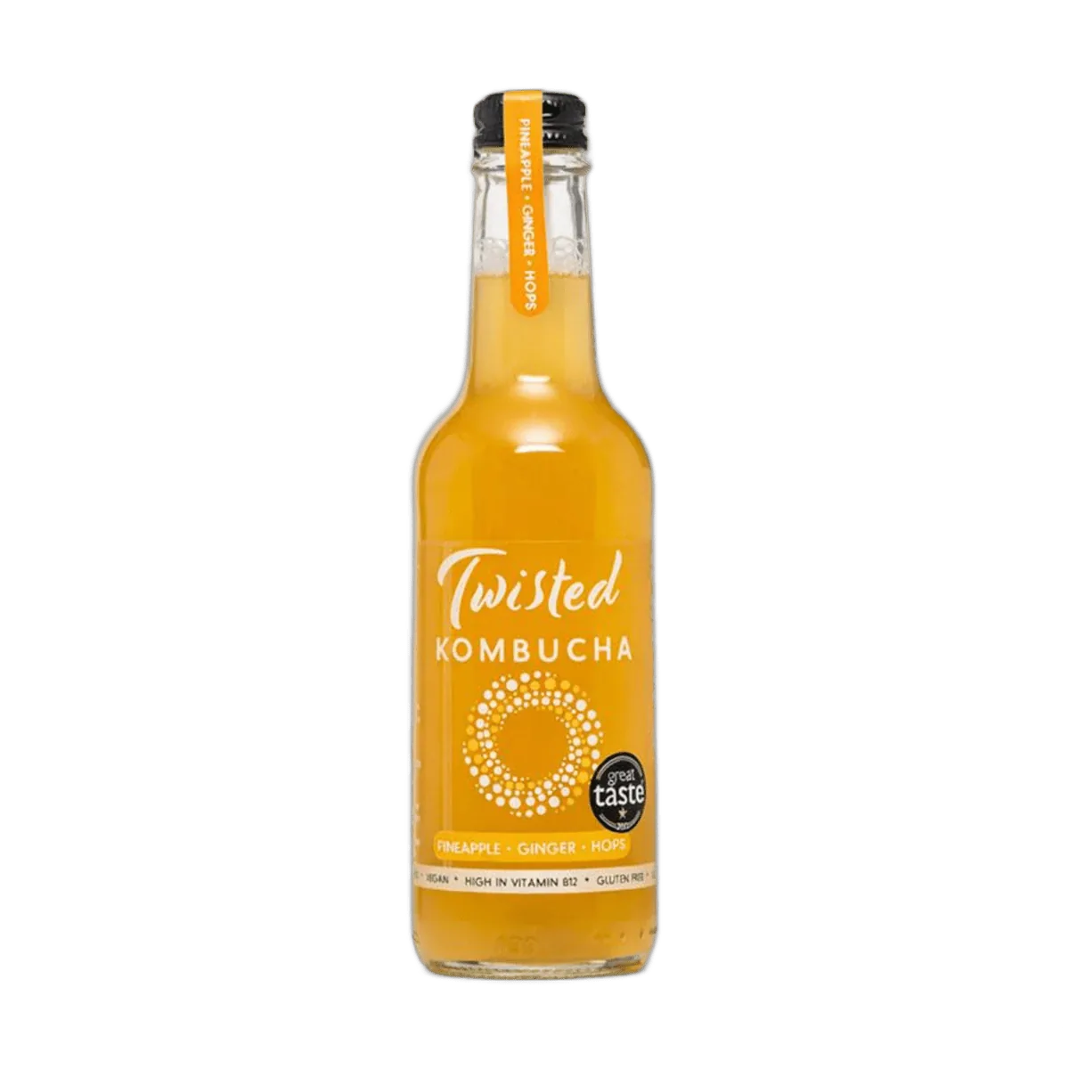 Twisted Pineapple, Ginger & Hops raw kombucha in a clear 330ml glass bottle with a black cap and a golden yellow label with an orange neck tag.