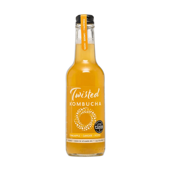 Twisted Pineapple, Ginger & Hops raw kombucha in a clear 330ml glass bottle with a black cap and a golden yellow label with an orange neck tag.