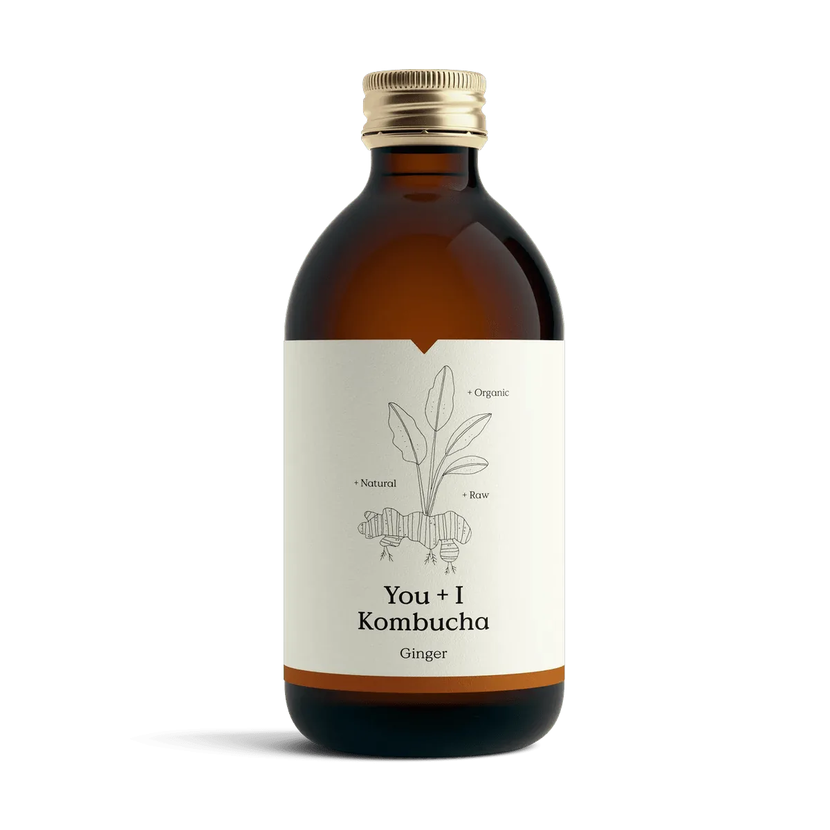 You + I Ginger raw kombucha in an amber glass bottle with a gold cap and a cream label with a botanical line drawing and an orange band.